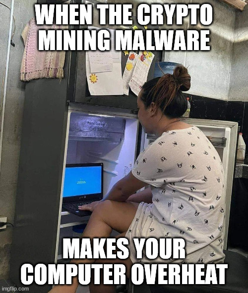Botnet and chill | WHEN THE CRYPTO MINING MALWARE; MAKES YOUR COMPUTER OVERHEAT | image tagged in laptop,refrigerator | made w/ Imgflip meme maker