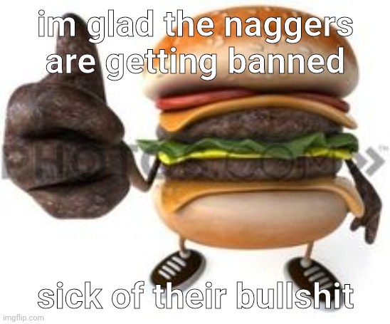 burger doing thumbs up | im glad the naggers are getting banned; sick of their bullshit | image tagged in burger doing thumbs up | made w/ Imgflip meme maker
