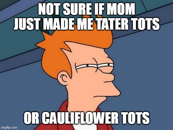 Not sure if- fry | NOT SURE IF MOM JUST MADE ME TATER TOTS; OR CAULIFLOWER TOTS | image tagged in not sure if- fry,meme,memes,funny | made w/ Imgflip meme maker