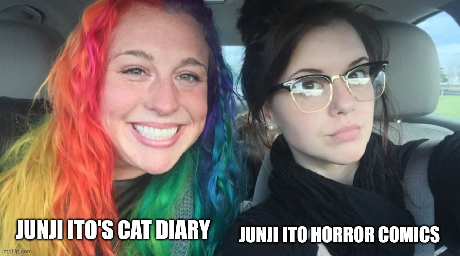 Rainbow girl and goth girl | JUNJI ITO HORROR COMICS; JUNJI ITO'S CAT DIARY | image tagged in memes,horror,kitty | made w/ Imgflip meme maker