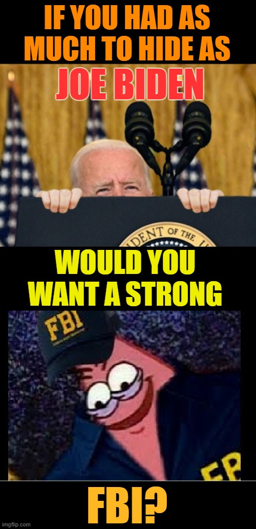 You Have To Wonder | IF YOU HAD AS MUCH TO HIDE AS; JOE BIDEN; WOULD YOU WANT A STRONG; FBI? | image tagged in memes,politics,joe biden,hide,weak,fbi | made w/ Imgflip meme maker