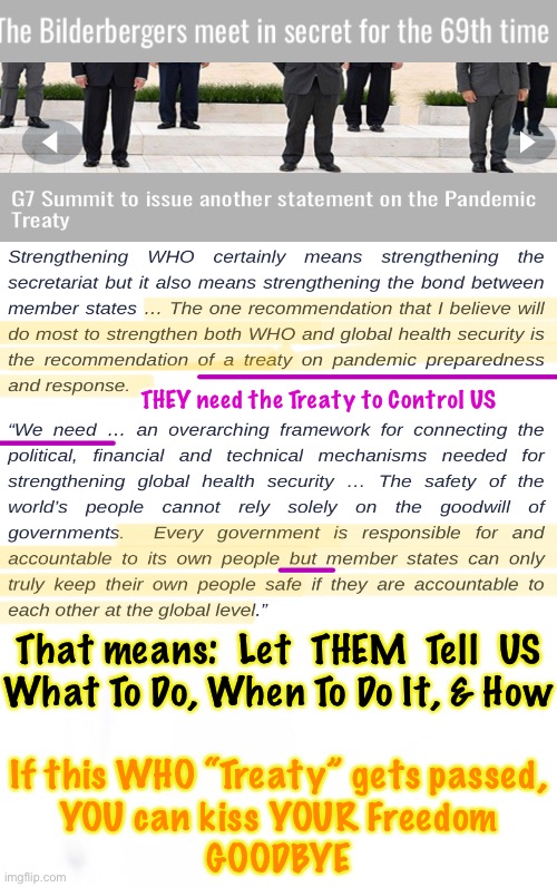 We’ve been warned that this is happening.  Nobody cares.  Maybe on May 31 they will. | THEY need the Treaty to Control US; That means:  Let  THEM  Tell  US
What To Do, When To Do It, & How; If this WHO “Treaty” gets passed,
YOU can kiss YOUR Freedom
GOODBYE | image tagged in memes,more bs by the power hungry,globalists progressives leftists n fjb voters can kissmyass,ya freaks | made w/ Imgflip meme maker
