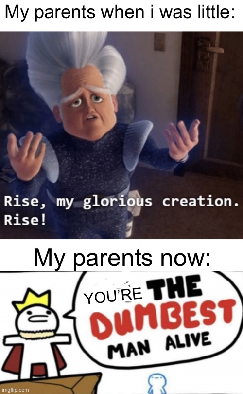 My parents be like: | My parents when i was little:; My parents now:; YOU’RE | image tagged in rise my glorious creation,im the dumbest man alive,parents,memes,funny | made w/ Imgflip meme maker