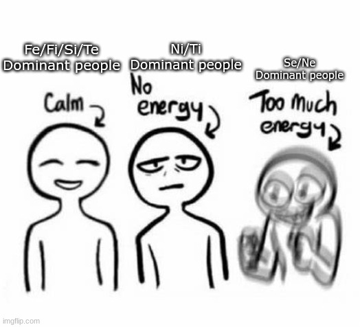 Cognitive Functions 101 | Fe/Fi/Si/Te Dominant people; Ni/Ti Dominant people; Se/Ne Dominant people | image tagged in calm no energy too much energy,mbti,cognitive functions,carl jung,myers briggs,personality | made w/ Imgflip meme maker