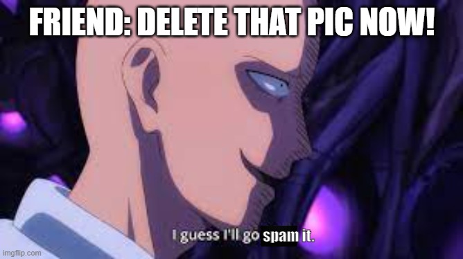 when your friend tells you to delete the pic you sent | FRIEND: DELETE THAT PIC NOW! spam it. | image tagged in guess i'll go __ | made w/ Imgflip meme maker