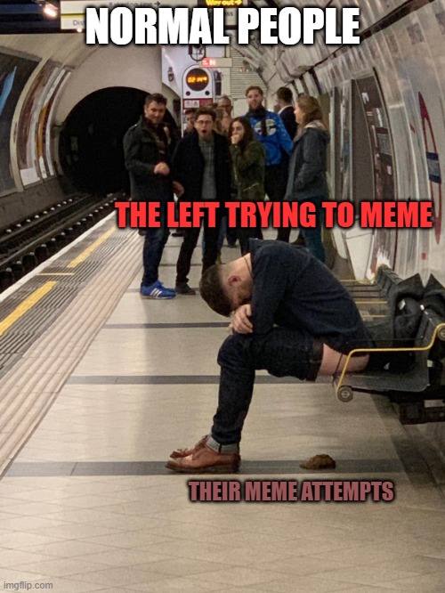 Left can't meme | NORMAL PEOPLE; THE LEFT TRYING TO MEME; THEIR MEME ATTEMPTS | image tagged in man pooping subway,liberals | made w/ Imgflip meme maker