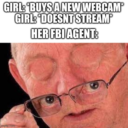 *Realisation* | GIRL: *BUYS A NEW WEBCAM*
GIRL: *DOESNT STREAM*; HER FBI AGENT: | image tagged in no no no no,fbi,girl,memes,just a joke | made w/ Imgflip meme maker
