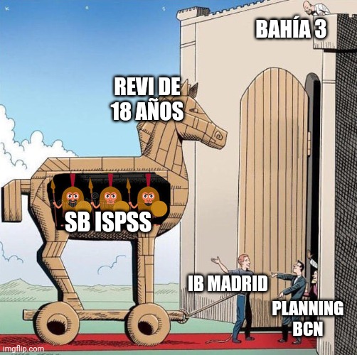 SB ISPSS | BAHÍA 3; REVI DE
18 AÑOS; SB ISPSS; IB MADRID; PLANNING BCN | image tagged in troy horse,ib | made w/ Imgflip meme maker