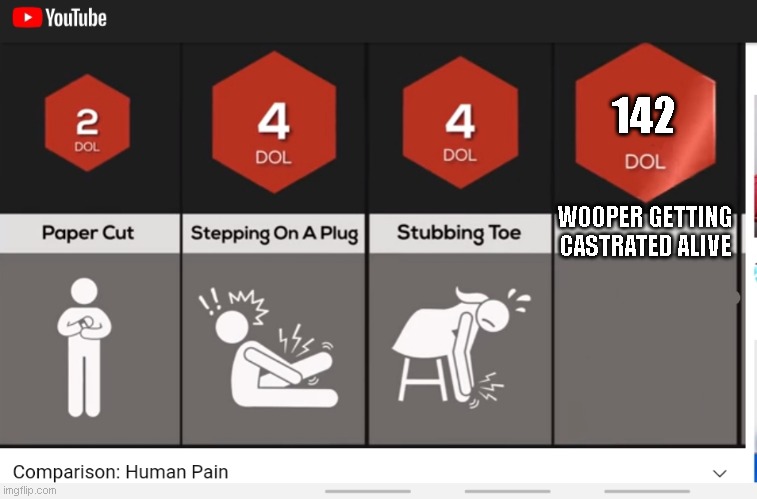Comparison: Human pain | 142; WOOPER GETTING CASTRATED ALIVE | image tagged in comparison human pain | made w/ Imgflip meme maker