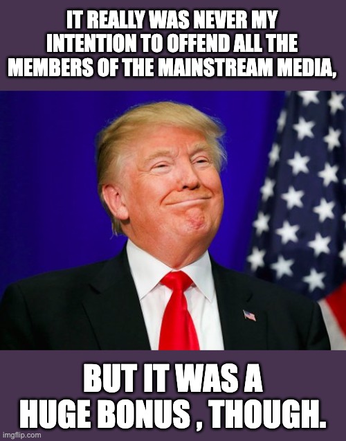 Media | IT REALLY WAS NEVER MY INTENTION TO OFFEND ALL THE MEMBERS OF THE MAINSTREAM MEDIA, BUT IT WAS A HUGE BONUS , THOUGH. | image tagged in trump smile | made w/ Imgflip meme maker