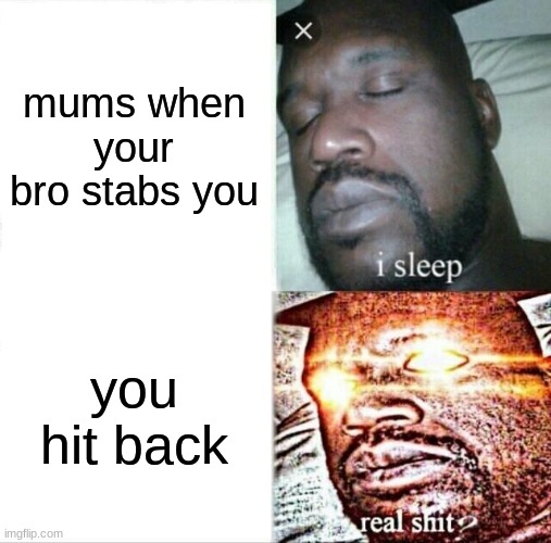 this has not hapend ok | mums when your bro stabs you; you hit back | image tagged in memes,sleeping shaq | made w/ Imgflip meme maker