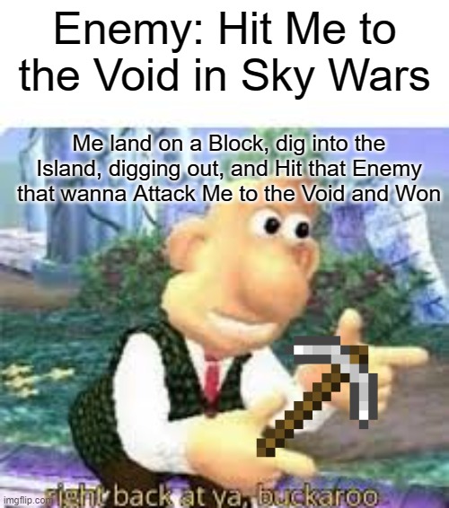 Right Back at Ya | Enemy: Hit Me to the Void in Sky Wars; Me land on a Block, dig into the Island, digging out, and Hit that Enemy that wanna Attack Me to the Void and Won | image tagged in right back at ya buckaroo | made w/ Imgflip meme maker