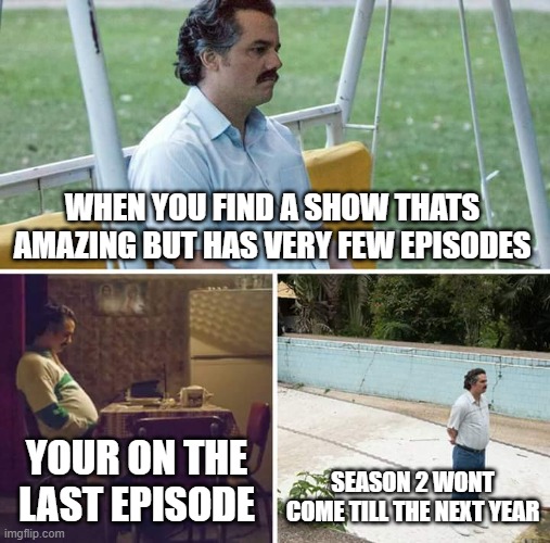 07 | WHEN YOU FIND A SHOW THATS AMAZING BUT HAS VERY FEW EPISODES; YOUR ON THE LAST EPISODE; SEASON 2 WONT COME TILL THE NEXT YEAR | image tagged in memes,sad pablo escobar | made w/ Imgflip meme maker