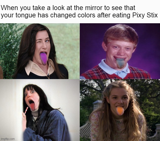 4 panel comic | When you take a look at the mirror to see that your tongue has changed colors after eating Pixy Stix | image tagged in 4 panel comic,meme,memes,funny,pixy stix,relatable | made w/ Imgflip meme maker