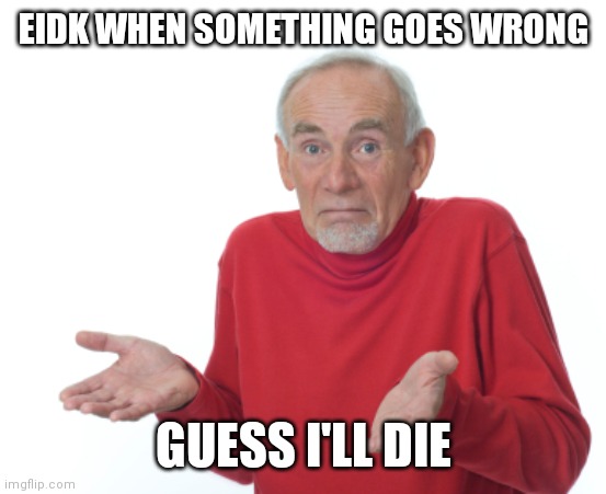Eidk is one of my friends and he claims he'll make himself die in a day | EIDK WHEN SOMETHING GOES WRONG; GUESS I'LL DIE | image tagged in guess i'll die | made w/ Imgflip meme maker