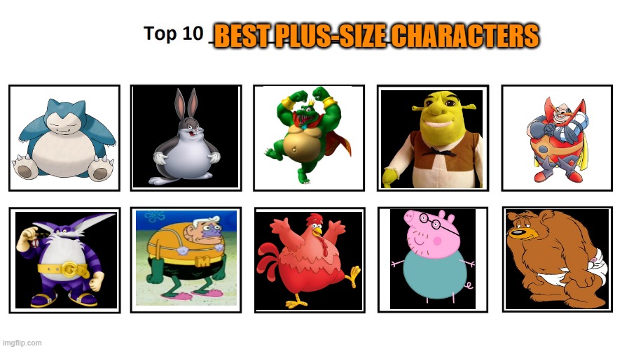 top 10 best plus size characters | BEST PLUS-SIZE CHARACTERS | image tagged in top 10,plus size,big chungus,sugar daddy,sonic the hedgehog,my top 10 | made w/ Imgflip meme maker
