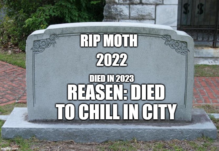 goodbye moth | RIP MOTH; 2022; DIED IN 2023; REASEN: DIED TO CHILL IN CITY | image tagged in gravestone | made w/ Imgflip meme maker
