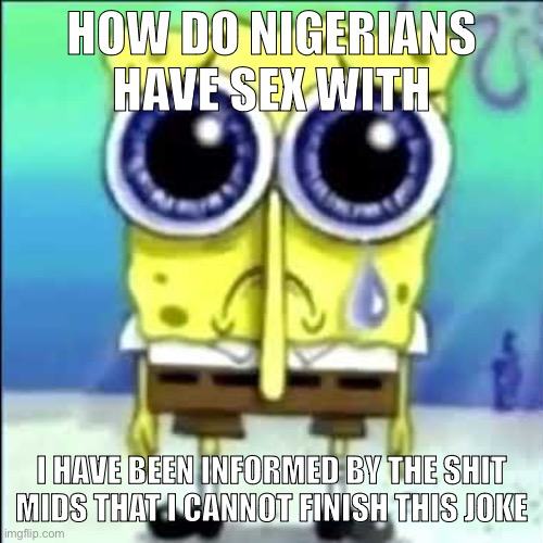 Sad Spongebob | HOW DO NIGERIANS HAVE SEX WITH; I HAVE BEEN INFORMED BY THE SHIT MIDS THAT I CANNOT FINISH THIS JOKE | image tagged in sad spongebob | made w/ Imgflip meme maker