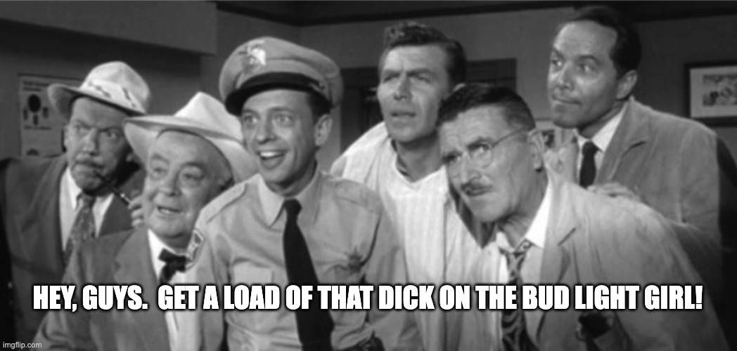 HEY, GUYS.  GET A LOAD OF THAT DICK ON THE BUD LIGHT GIRL! | image tagged in mayberry,barney fife | made w/ Imgflip meme maker