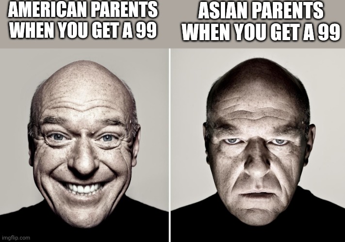 Insert funny title here | AMERICAN PARENTS WHEN YOU GET A 99; ASIAN PARENTS WHEN YOU GET A 99 | image tagged in dean norris's reaction,asian parents,99 | made w/ Imgflip meme maker