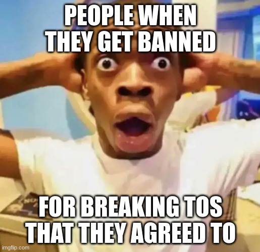 Shocked black guy | PEOPLE WHEN THEY GET BANNED FOR BREAKING TOS THAT THEY AGREED TO | image tagged in shocked black guy | made w/ Imgflip meme maker