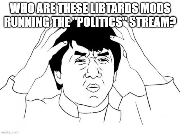 Jackie Chan WTF | WHO ARE THESE LIBTARDS MODS RUNNING THE "POLITICS" STREAM? | image tagged in memes,jackie chan wtf | made w/ Imgflip meme maker