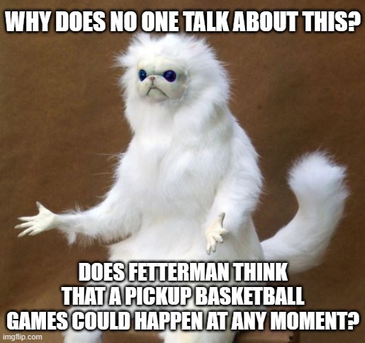 Persian white monkey | WHY DOES NO ONE TALK ABOUT THIS? DOES FETTERMAN THINK THAT A PICKUP BASKETBALL GAMES COULD HAPPEN AT ANY MOMENT? | image tagged in persian white monkey | made w/ Imgflip meme maker