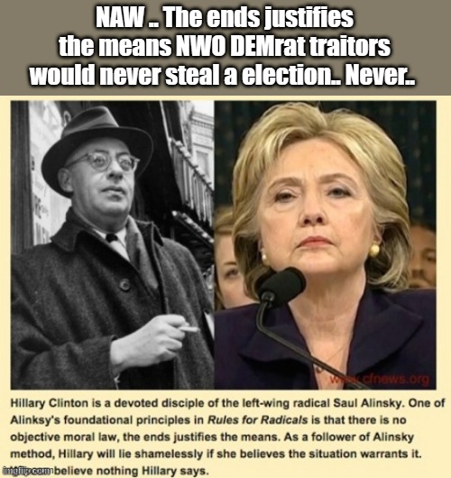 THE truth is out | NAW .. The ends justifies the means NWO DEMrat traitors would never steal a election.. Never.. | image tagged in democrats,nwo,traitors | made w/ Imgflip meme maker