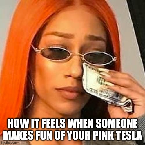 *wipes tears with 100 dollar bill* | HOW IT FEELS WHEN SOMEONE MAKES FUN OF YOUR PINK TESLA | image tagged in wiping tears with money | made w/ Imgflip meme maker