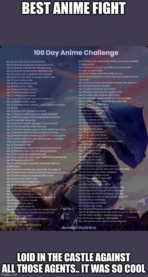 100 day anime challenge | BEST ANIME FIGHT; LOID IN THE CASTLE AGAINST ALL THOSE AGENTS.. IT WAS SO COOL | image tagged in 100 day anime challenge | made w/ Imgflip meme maker