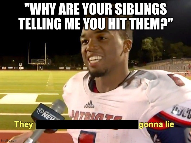THEY ALWAYS LIE | "WHY ARE YOUR SIBLINGS TELLING ME YOU HIT THEM?" | image tagged in they had us in the first half | made w/ Imgflip meme maker