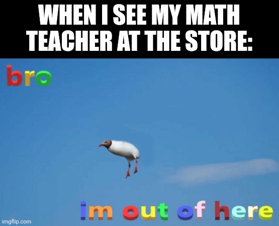 bro im out of here | WHEN I SEE MY MATH TEACHER AT THE STORE: | image tagged in bro im out of here | made w/ Imgflip meme maker