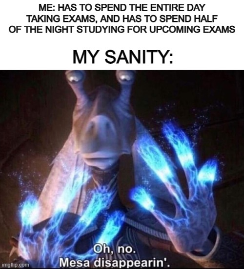 I'm on my final week of school and have several test coming up T-T wish my luck... | ME: HAS TO SPEND THE ENTIRE DAY TAKING EXAMS, AND HAS TO SPEND HALF OF THE NIGHT STUDYING FOR UPCOMING EXAMS; MY SANITY: | image tagged in blank white template,oh no mesa disappearing | made w/ Imgflip meme maker