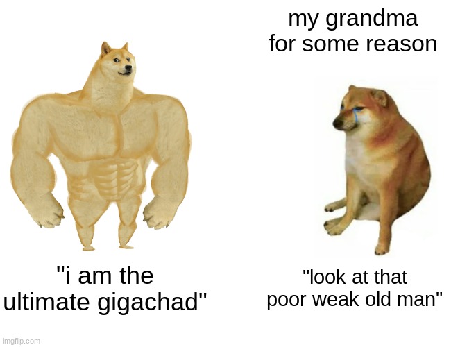 Buff Doge vs. Cheems | my grandma for some reason; "i am the ultimate gigachad"; "look at that poor weak old man" | image tagged in memes,buff doge vs cheems | made w/ Imgflip meme maker