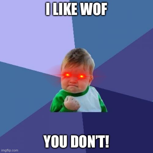 Success Kid | I LIKE WOF; YOU DON’T! | image tagged in memes,success kid | made w/ Imgflip meme maker