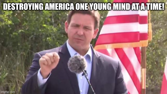 Florida Governor Ron DeSantis | DESTROYING AMERICA ONE YOUNG MIND AT A TIME! | image tagged in florida governor ron desantis | made w/ Imgflip meme maker