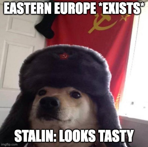 Russian Doge | EASTERN EUROPE *EXISTS*; STALIN: LOOKS TASTY | image tagged in russian doge | made w/ Imgflip meme maker