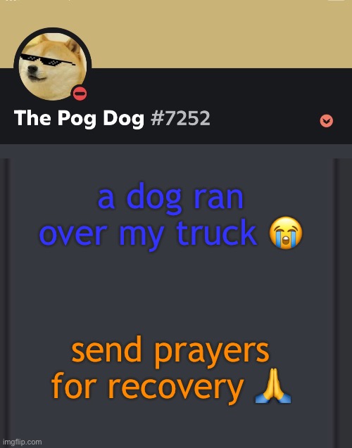 epic doggos epic discord temp | a dog ran over my truck 😭; send prayers for recovery 🙏 | image tagged in epic doggos epic discord temp | made w/ Imgflip meme maker