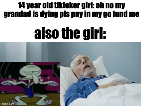 i h a t e t i k t o k | 14 year old tiktoker girl: oh no my grandad is dying pls pay in my go fund me; also the girl: | image tagged in tiktok sucks,be like | made w/ Imgflip meme maker