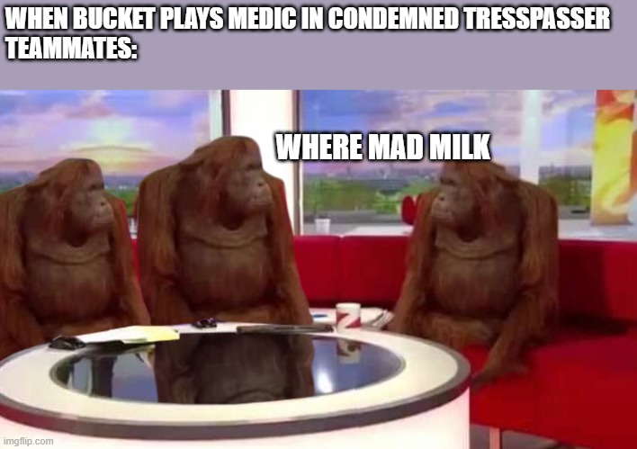 test | WHEN BUCKET PLAYS MEDIC IN CONDEMNED TRESSPASSER
TEAMMATES:; WHERE MAD MILK | image tagged in where monkey | made w/ Imgflip meme maker