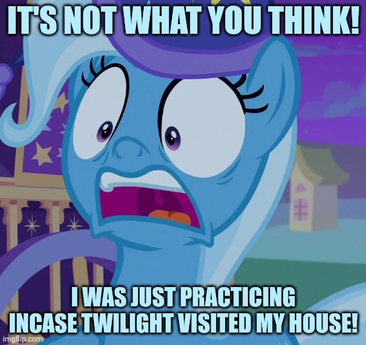 trixie's shocked face (MLP) | IT'S NOT WHAT YOU THINK! I WAS JUST PRACTICING INCASE TWILIGHT VISITED MY HOUSE! | image tagged in trixie's shocked face mlp | made w/ Imgflip meme maker