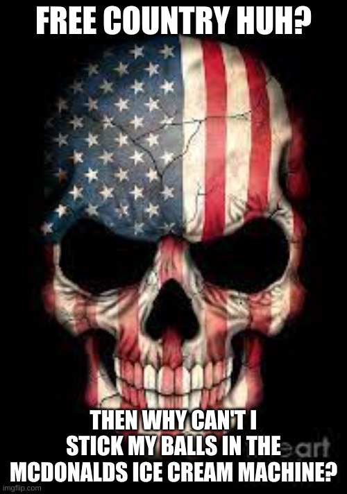 American skull | FREE COUNTRY HUH? THEN WHY CAN'T I STICK MY BALLS IN THE MCDONALDS ICE CREAM MACHINE? | image tagged in american skull | made w/ Imgflip meme maker