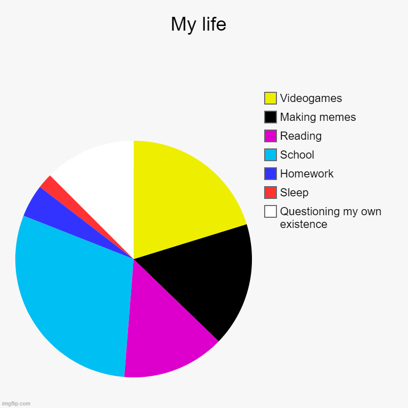 My life  | Questioning my own existence, Sleep, Homework, School, Reading, Making memes, Videogames | image tagged in charts,pie charts | made w/ Imgflip chart maker