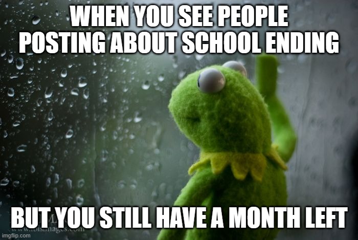 how are people already finishing school? Its only May. | WHEN YOU SEE PEOPLE POSTING ABOUT SCHOOL ENDING; BUT YOU STILL HAVE A MONTH LEFT | image tagged in kermit window,sad | made w/ Imgflip meme maker