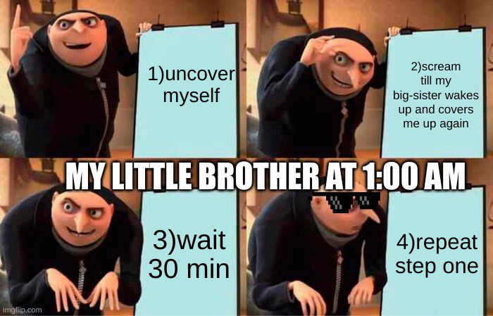 Gru's Plan | 1)uncover myself; 2)scream till my big-sister wakes up and covers me up again; MY LITTLE BROTHER AT 1:00 AM; 3)wait 30 min; 4)repeat step one | image tagged in memes,gru's plan | made w/ Imgflip meme maker