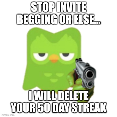 Not my 50 day streak!!! | STOP INVITE BEGGING OR ELSE... I WILL DELETE YOUR 50 DAY STREAK | image tagged in duolingo | made w/ Imgflip meme maker