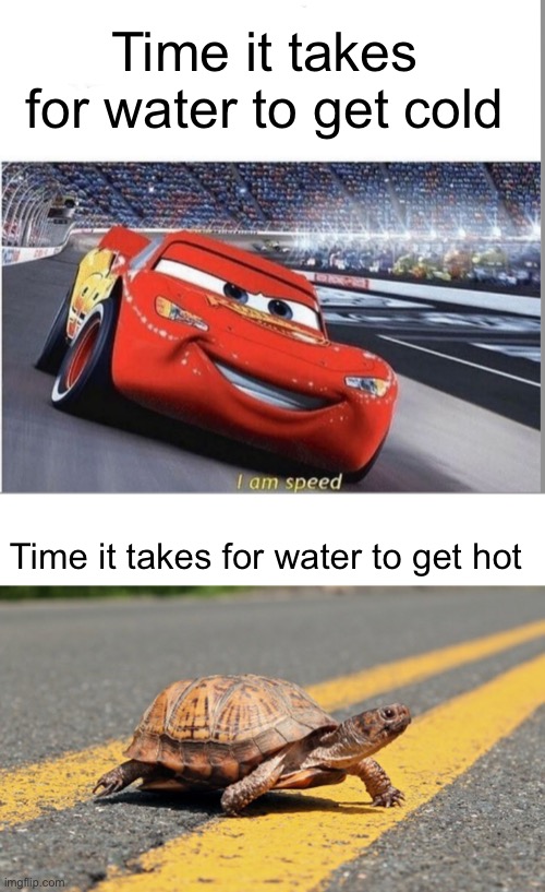 Meme #1,415 | Time it takes for water to get cold; Time it takes for water to get hot | image tagged in i am speed,blank white template,fast,slow,water,relatable | made w/ Imgflip meme maker