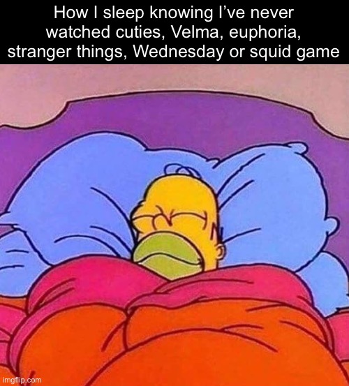 And I never will | How I sleep knowing I’ve never watched cuties, Velma, euphoria, stranger things, Wednesday or squid game | image tagged in homer simpson sleeping peacefully,movies,squid game,wednesday,velma,memes | made w/ Imgflip meme maker