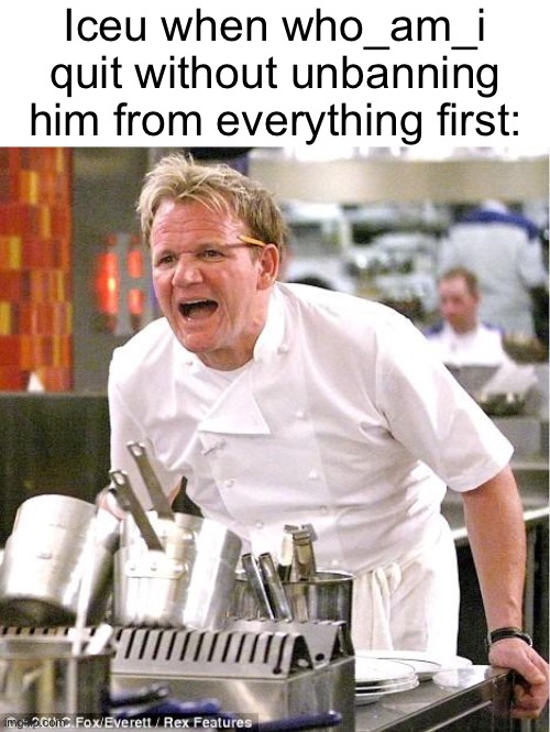 Meme #1,416 | Iceu when who_am_i quit without unbanning him from everything first: | image tagged in memes,chef gordon ramsay,iceu,who am i,true,banned | made w/ Imgflip meme maker