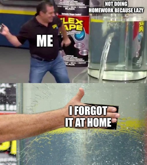 umm | NOT DOING HOMEWORK BECAUSE LAZY; ME; I FORGOT IT AT HOME | image tagged in flex tape | made w/ Imgflip meme maker